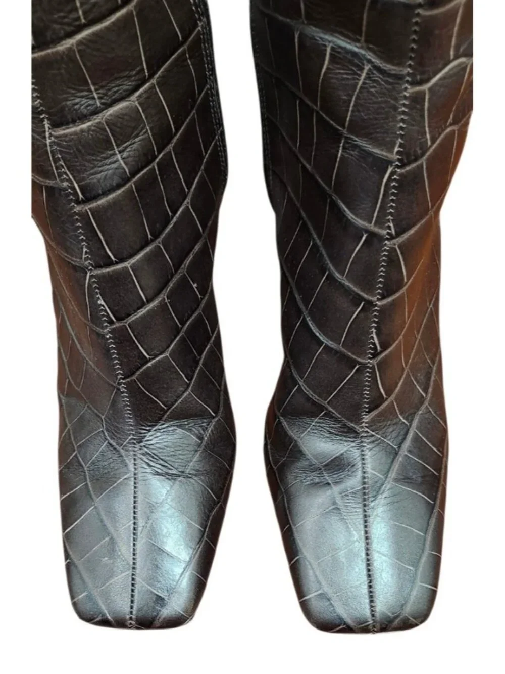 SCHUTZ Brown Croc Embossed Leather Knee High Boots Square Toe 6.5B Brazil
